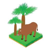 Big bull icon isometric vector. Big strong brown bull standing in green grass vector