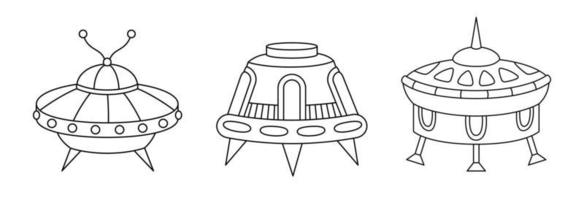 Vector linear cartoon UFO set for coloring page. Isolated outline aliens spaceships