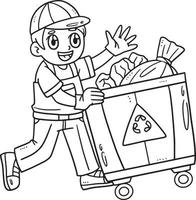 Garbage Man Collecting Bin Isolated Coloring Page vector