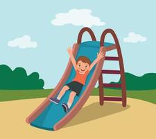 Cute little boy sliding down on slide in the playground vector