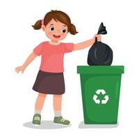 cute little girl taking out the trash in garbage bag into recycling bin doing daily routine housework chores at home vector