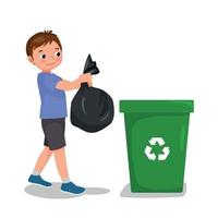 cute little boy taking out the trash in garbage bag into recycling bin doing daily routine housework chores at home vector