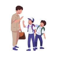 A man with two boys talking to a boy wearing a hat and a backpack. vector