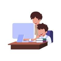 A boy and his teacher are working on a computer. vector