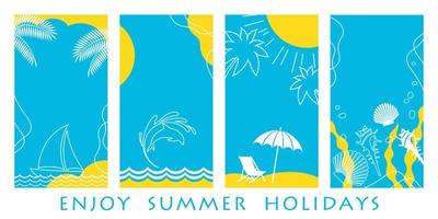 Vector Summer Greeting Card Template Set With Beach, Ocean, Blue Sky, And text Space Isolated On A White Background.