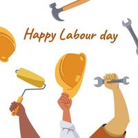 1st May Labour day square background with different workers. Painter, builder, mechanic hands holding work tools helmet, paint roller, spanner. Modern flat vector illustration on white background.