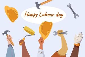 labor día saludo tarjeta diseño con brazos aguantar diferente trabajo herramientas. diferente ocupación concepto. pintor, constructor, mecánico. moderno plano vector ilustración