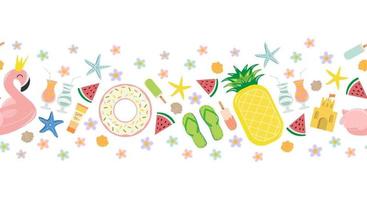 Bright seamless horizontal pattern with summer beach elements. Flat style vector image.