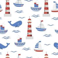 Children's illustration with a nautical theme. Sailing ships, steamer, lighthouse, waves and whale. Seamless pattern with cute nautical elements. For children's textiles, backgrounds. Vector image.