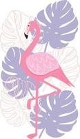 Flamingo on a background of tropical leaves. Vector image in a flat style. Summer illustration