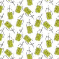 Seamless pattern with a bottle of smoothie in doodle style. Vector illustration. Print with smoothie, lemonade or cocktail.