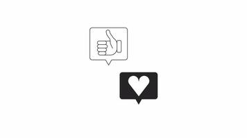 Animated bw floating media reactions. Black and white thin line icon 4K video footage for web design. Like, thumb up isolated monochromatic flat element animation with alpha channel transparency