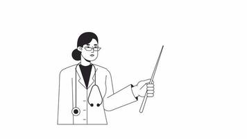 Doctor holds pointer bw animation. Physician with stethoscope isolated 2D flat monochromatic thin line character 4K video footage on white with alpha channel transparency for web design