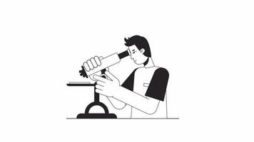 Biological scientist bw animation. Male lab worker with microscope isolated 2D flat monochromatic thin line character 4K video footage on white with alpha channel transparency for web design