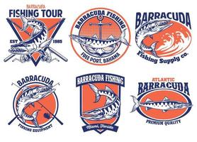 set of barracuda fishing badge design vector