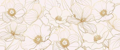 Luxury gold poppy flower line art background vector. Natural botanical elegant flower with gold line art. Design illustration for decoration, wall decor, wallpaper, cover, banner, poster, card. vector