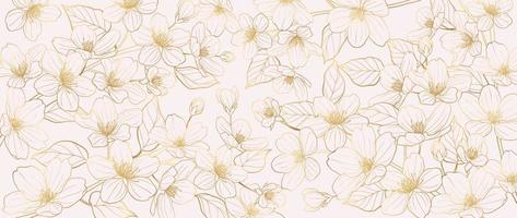 Luxury gold cherry blossom line art background vector. Natural botanical elegant flower with gold line art. Design illustration for decoration, wall decor, wallpaper, cover, banner, poster, card. vector