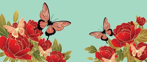 Luxury oriental flower background vector. Elegant red peony flower and butterfly golden line art on green background. Floral pattern design illustration for decoration, wallpaper, poster, banner. vector