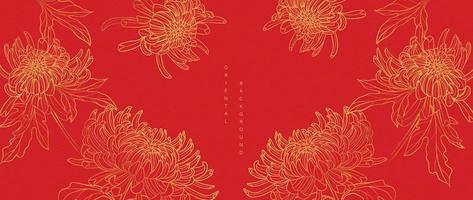 Luxury oriental japanese pattern background vector. Elegant mum flower and leaves golden line art on red background. Floral pattern design illustration for decoration, wallpaper, poster, banner, card. vector