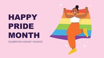 Happy Pride month background. LGBTQ community symbols with woman holding rainbow flag. Support design for celebration against violence, bisexual, transgender, gender equality, rights concept. vector