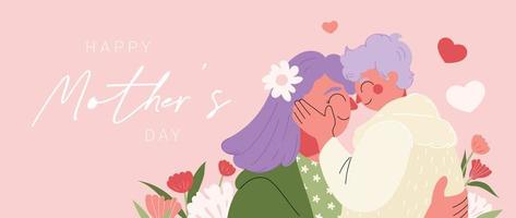 Happy mother's day background vector. Cute family wallpaper design with mom hugging kid, flowers. Mother's day concept illustration design for cover, banner, greeting card, decoration. vector