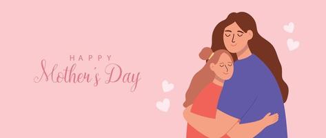Happy mother's day background vector. Cute family wallpaper design with mom hugging kid, flowers. Mother's day concept illustration design for cover, banner, greeting card, decoration. vector