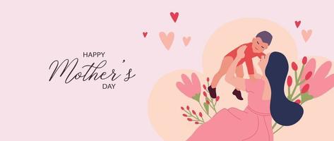 Happy mother's day background vector. Cute family watercolor wallpaper design with mom holding kid, flowers. Mother's day concept illustration design for cover, banner, greeting card, decoration. vector