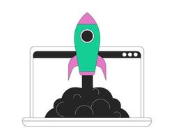 Launch e-commerce business flat line concept vector spot illustration. Rocket in laptop 2D cartoon outline object on white for web UI design. Editable hero image for website landing, mobile header