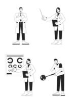 Different medical specialists flat line black white vector characters set. Editable isolated outline full body people. MD simple cartoon style spot illustration pack for web graphic design, animation