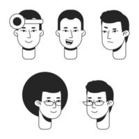 Happy short-haired men flat line monochromatic vector character heads set. Simple outline avatar icons. Editable cartoon user portraits. Lineart spot illustrations for web graphic design and animation