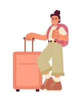 Female traveller with suitcase and backpack semi flat colorful vector character. Trip abroad. Editable full body person on white. Simple cartoon spot illustration for web graphic design and animation