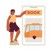 Buying bus ticket online over phone flat concept vector spot illustration. Editable 2D cartoon character on white for web UI design. Reservation system creative hero image