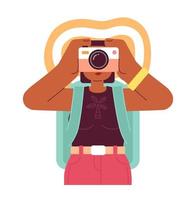 Female traveler capturing holiday memories on camera semi flat colorful vector character. Editable half body person on white. Simple cartoon spot illustration for web graphic design and animation