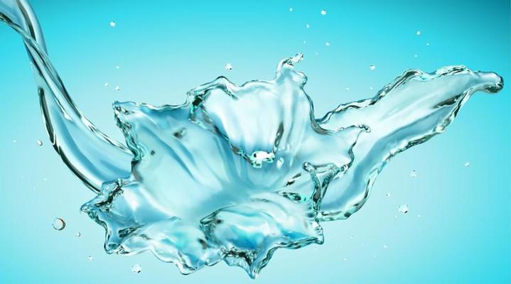 Clear splashing water on blue background in 3d illustration