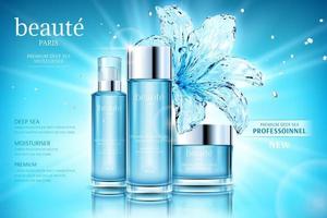 Moisturizing cosmetic set ads with transparent water lily on glittering blue background, beauty and professional written in French text vector