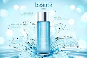 Moisturizing cosmetic ads with transparent water lily on ripples and glitter bokeh background in 3d illustration, beauty written in French text vector