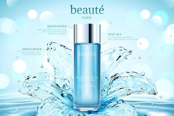 Moisturizing cosmetic ads with transparent water lily on ripples and glitter bokeh background in 3d illustration, beauty written in French text