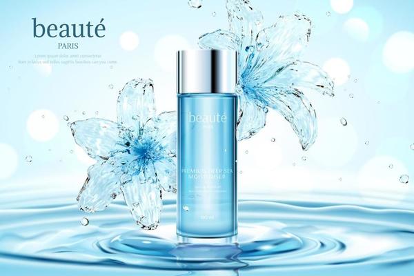 Moisturizing cosmetic ads with transparent water lily on ripples and glitter bokeh background in 3d illustration, beauty written in French text