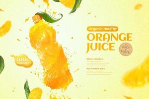 naranja botella jugo anuncios con salpicaduras líquido y Fresco pulpa en 3d ilustración vector