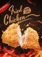 Yummy fired chicken ads with chilly and flame effect on black background in 3d illustration vector