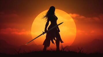 silueta de un mujer con un espada ai generado foto