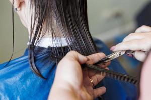 haircuting in a beauty professional salon. hairdresser's hands cutting brunette hair close photo