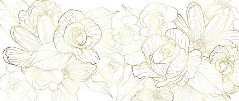 Luxury golden rose flower line art background vector. Natural botanical elegant flower with gold line art. Design illustration for decoration, wall decor, wallpaper, cover, banner, poster, card. vector