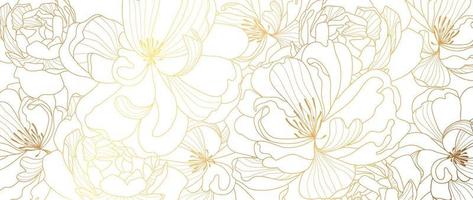 Luxury gold wildflower line art background vector. Natural botanical elegant flower with gold line art. Design illustration for decoration, wall decor, wallpaper, cover, banner, poster, card. vector