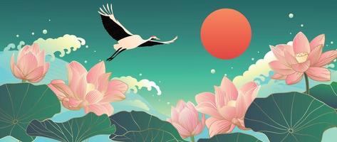 Luxury oriental flower background vector. Elegant pink lotus flowers golden line art with sea wave line pattern and crane bird.  Chinese and Japanese design for wallpaper, poster, banner, card. vector
