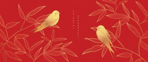 lujo oriental japonés modelo antecedentes vector. elegante golondrina pájaro y bambú hoja rama dorado línea Arte en rojo antecedentes. diseño ilustración para decoración, fondo de pantalla, póster, bandera, tarjeta. vector