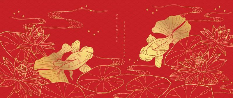 Luxury oriental flower background vector. Elegant red lotus flowers golden line art with sea wave line pattern and goldfish.  Chinese and Japanese design for wallpaper, poster, banner, card.