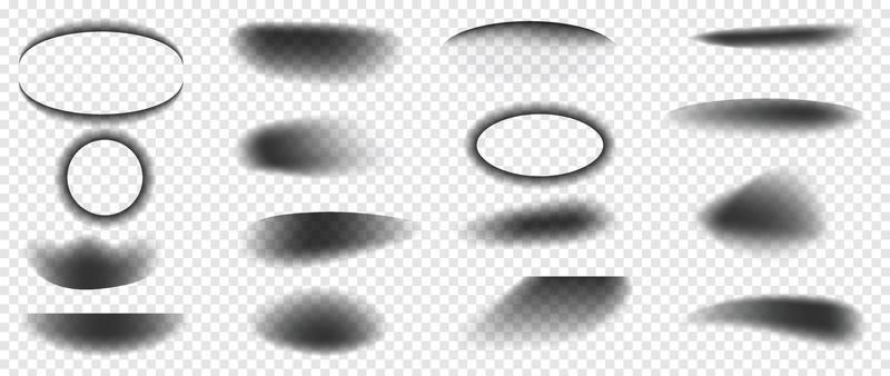 Abstract gradient shadow effect on white background vector. Set of realistic shadow different shapes, shade, circle, oval. Illustration design for decorative, backdrop, cover, banner, ads.