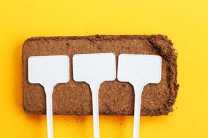 soil texture close up. mock up. coconut briquette with writing boards on a orange background. photo