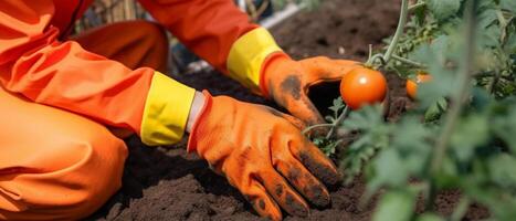 de cerca imagen de mujer s manos en jardinería guantes plantando tomate. foto